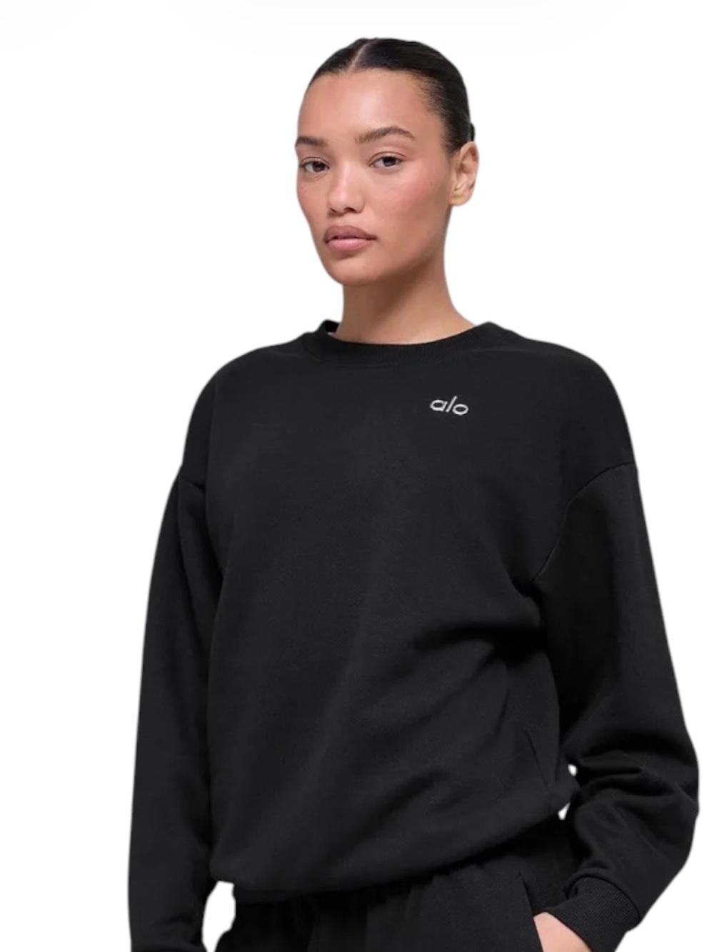 ALO YOGA Accolade Crew Neck Sweatshirt Black French Terry Chrome Logo Small